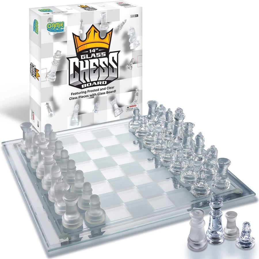 Glass Chess Set, Elegant Design - Durable Build - Fully Functional - 32 Frosted and Clear Pieces - Felted Bottoms - Easy to Carry - Reassuringly Stable (14")