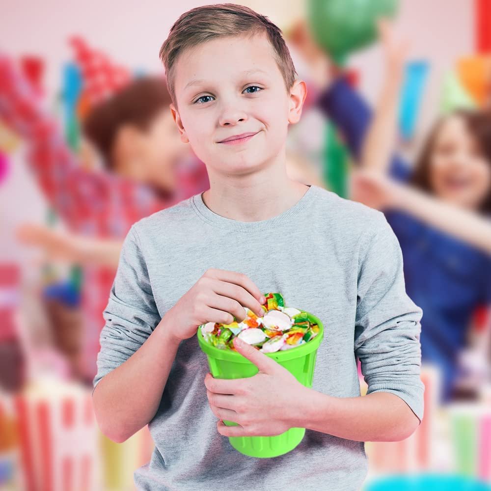 Large Trash Cans Set with Lids, Set of 4, Garbage Bin Toy in Assorted Neon Colors, Unique Desk Organizer, Birthday Party Favors for Kids, Cute Classroom Decor