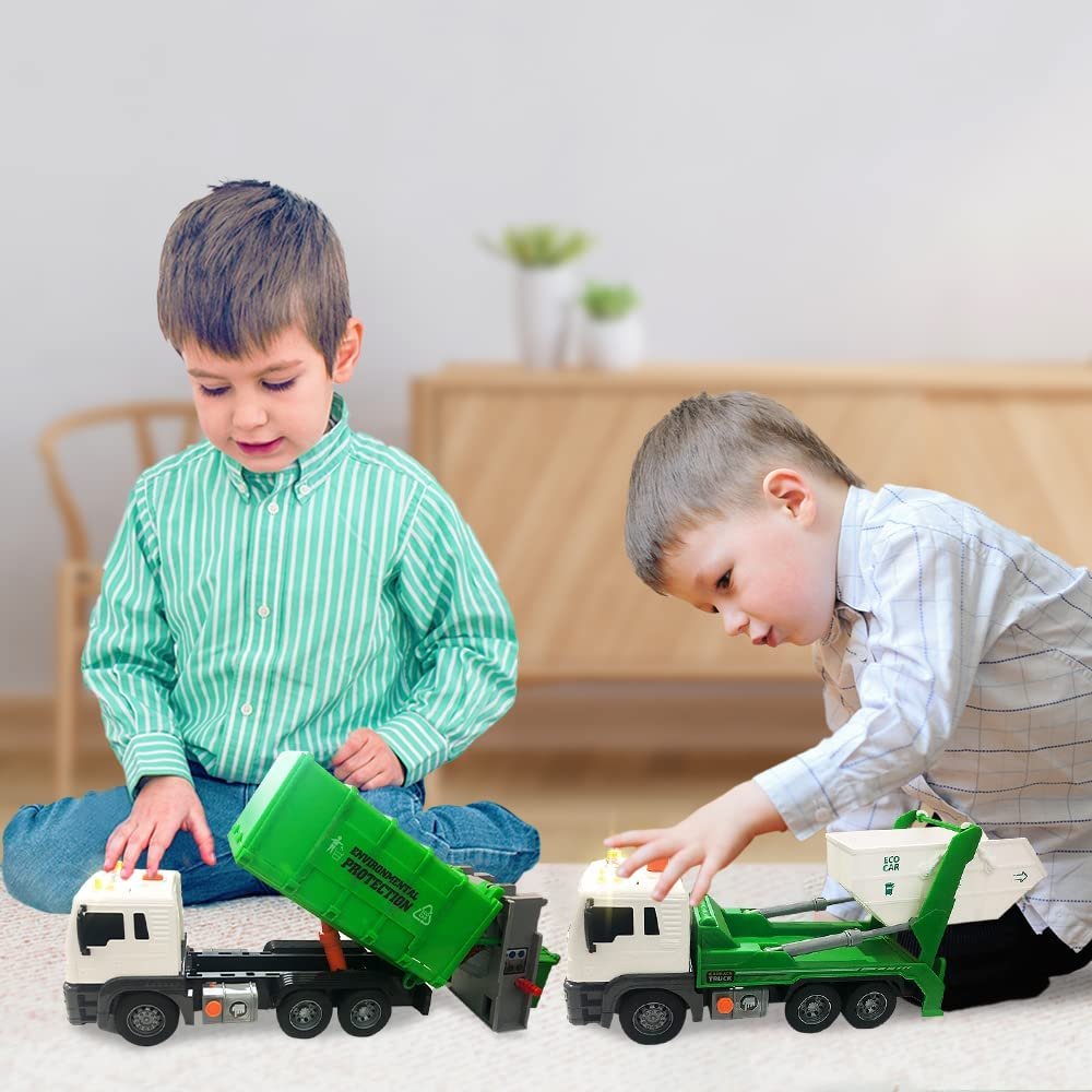 Sanitation Trucks Set, Pack of 2, Light Up Garbage Trucks for Boys and Girls with Movable Parts, Sound, and LEDs, Push and Go Toy Sanitation Truck Set, Car Toys for Kids Ages 3 and Up
