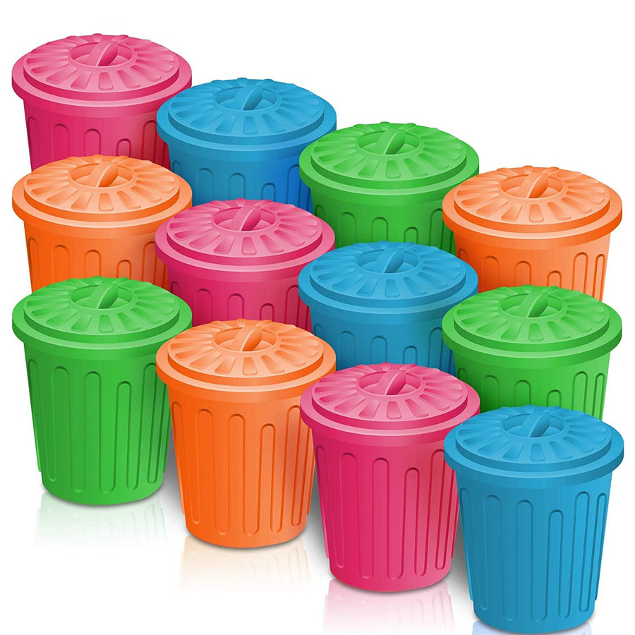 4.5" Mini Trash Can Set - 12 Pack - Miniature Garbage Bin Toy in Assorted Colors - Unique Desk Organizer - Birthday Party Favors for Boys and Girls, Classroom Decor, Carnival Prize