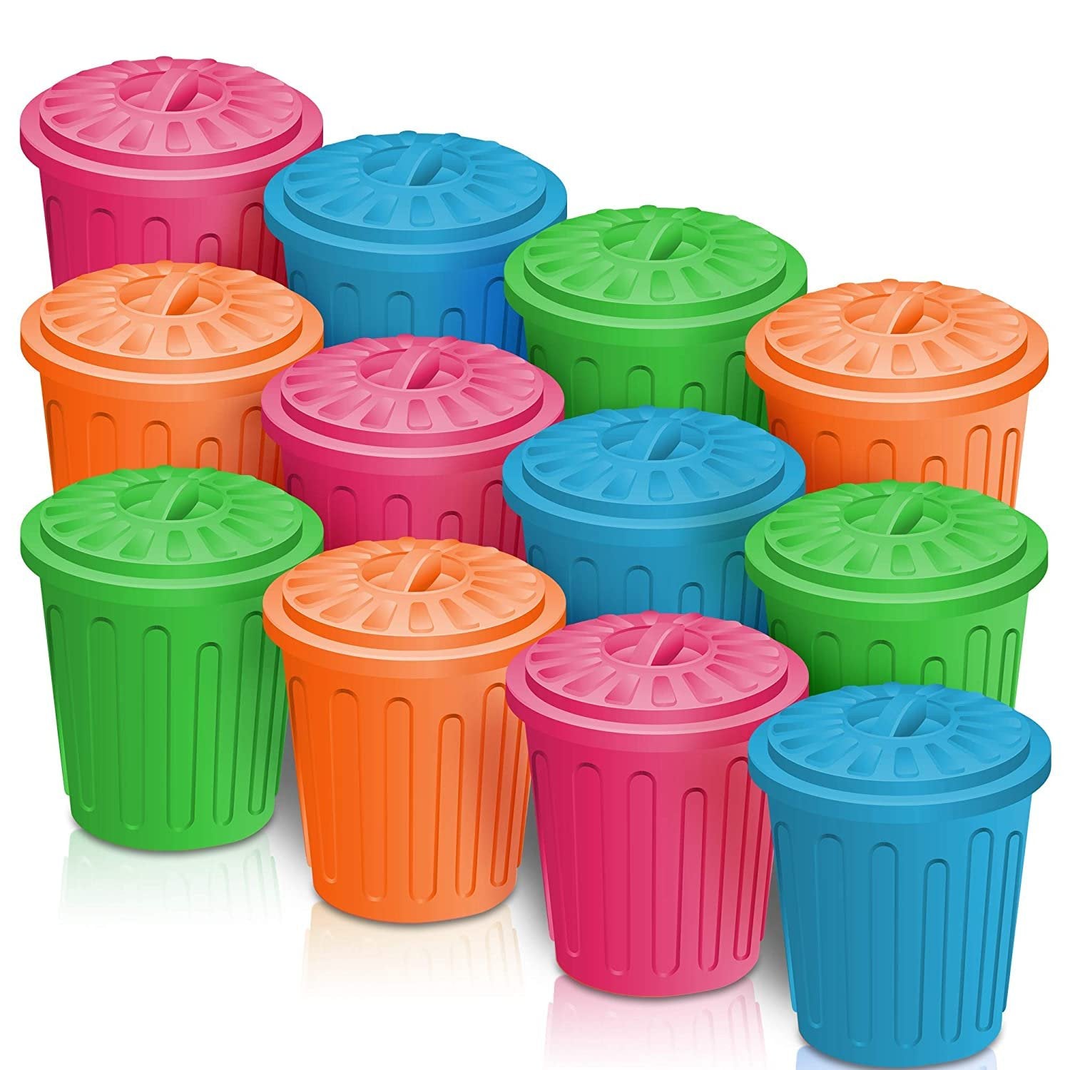 4.5" Mini Trash Can Set - 12 Pack - Miniature Garbage Bin Toy in Assorted Colors - Unique Desk Organizer - Birthday Party Favors for Boys and Girls, Classroom Decor, Carnival Prize