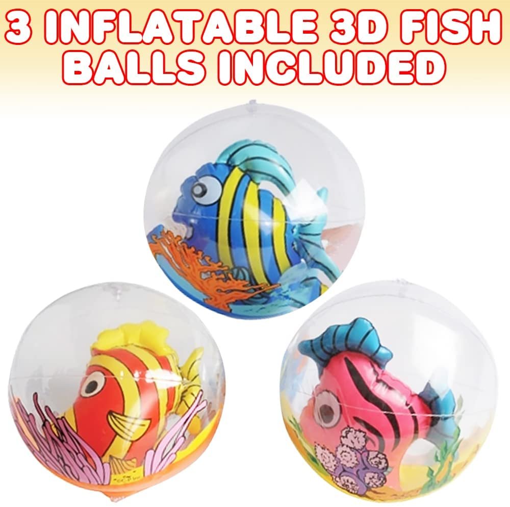 3D Fish Beach Balls for Kids, Set of 3, Clear Balls with Colorful Fish Inside, Inflatable Swimming Pool Toys and Aquatic Party Decorations, Underwater Party Supplies and Party Favors