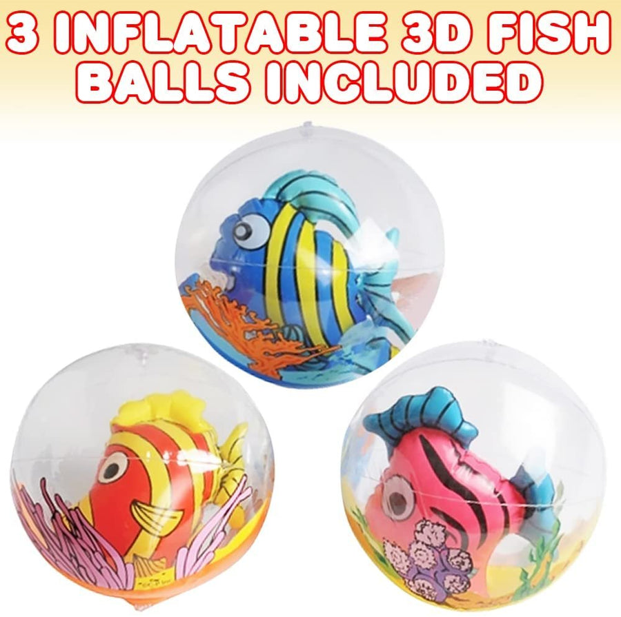 3D Fish Beach Balls for Kids, Set of 3, Clear Balls with Colorful Fish Inside, Inflatable Swimming Pool Toys and Aquatic Party Decorations, Underwater Party Supplies and Party Favors