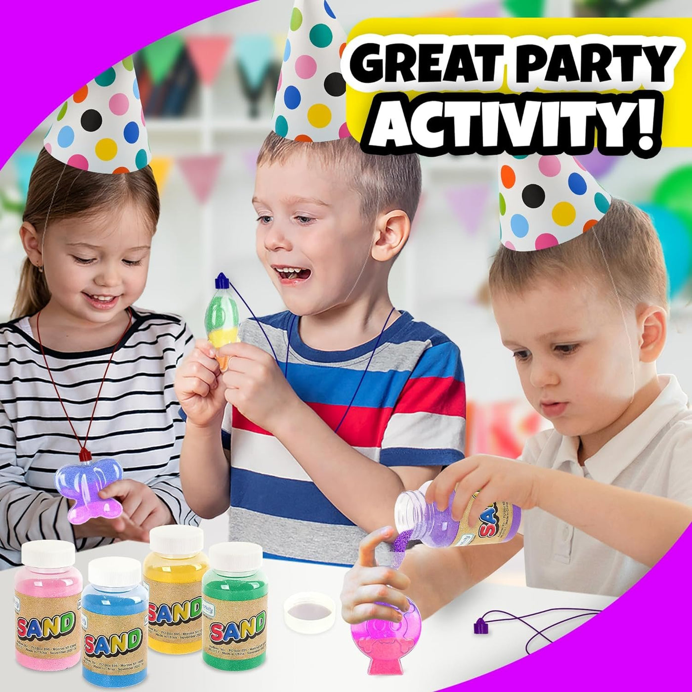 Colored Sand Art Kits for Kids 40-Pack, Play Sand Set, 10 Assorted Colors, 8 oz. Each, 24 Sand Art Bottle Necklaces, and 6 Funnels Bulk Sand Art Project, Kids Party Crafts for Boys Girls
