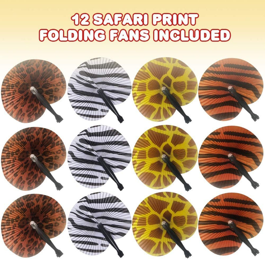 10" Safari Print Folding Fans, Pack of 12 Foldable Fans in Assorted Colors and Designs, Goodie Bag Filler, Party Favors and Supplies, Fun Novelties and Gifts for Kids Ages 3+