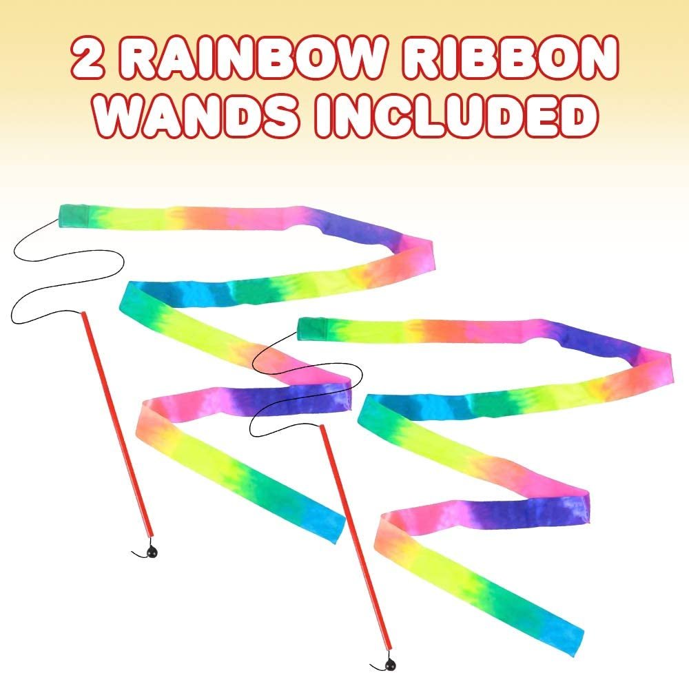 Rainbow Dance Ribbon Streamers for Kids, Set of 2, Twirling Ribbons for Dancing, Marching Band, Exercise, Pretend Play, Gymnastics Party Favors, Dance Party Decorations