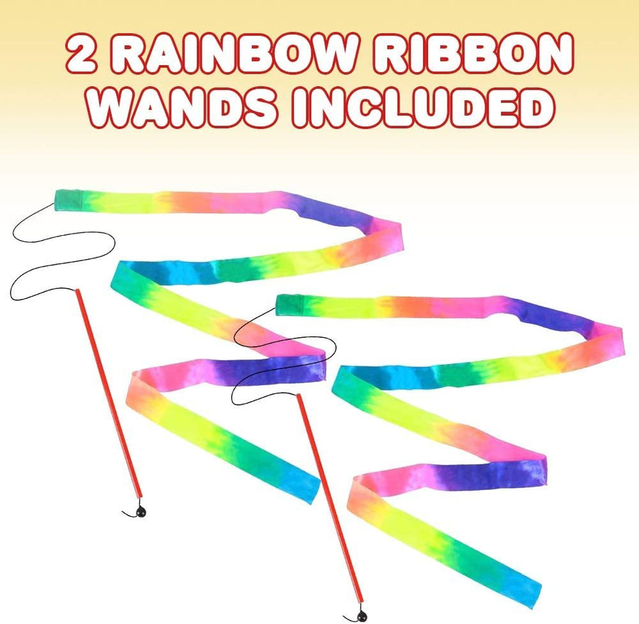 Rainbow Dance Ribbon Streamers for Kids, Set of 2, Twirling Ribbons for Dancing, Marching Band, Exercise, Pretend Play, Gymnastics Party Favors, Dance Party Decorations