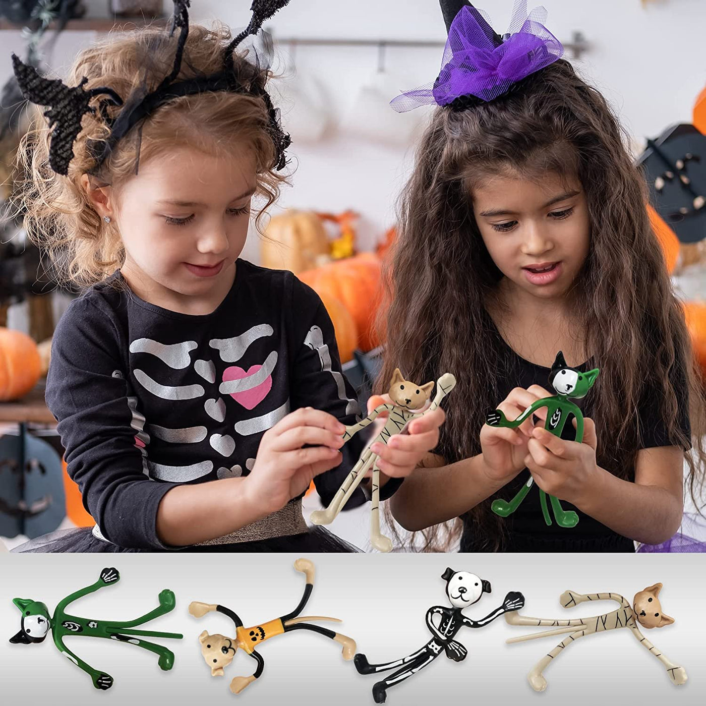 Halloween Bendable Figures, Set of 12, 3D Halloween Themed Dogs and Cats in 4 Different Designs, Stress Relief Toys for Boys and Girls, and Non-Candy Trick or Treat Supplies