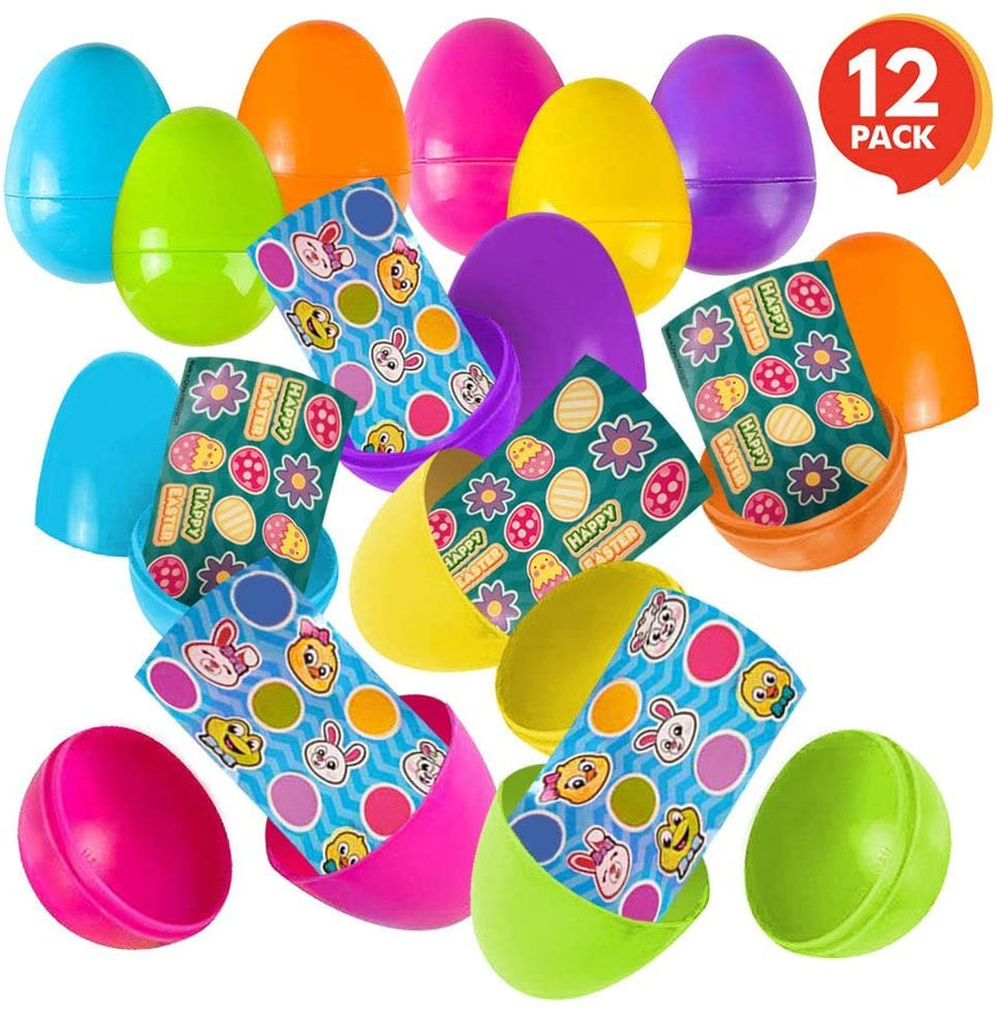 3" Plastic Prefilled Easter Eggs with Stickers Inside - Set of 12 - Assorted Vibrant Colors - Fun Surprise Toys for Kids - Egg Hunt Supplies, Party Favors Toys for Boys and Girls