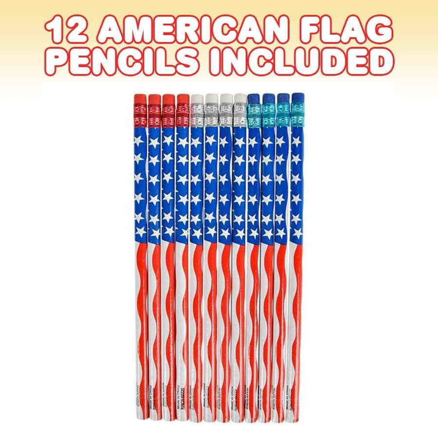 American Flag Pencils, Set of 12, Cool Patriotic Writing Pencils with Erasers, 4th of July Party Favors, Patriotic Party Goody Bag Fillers, Teacher Supplies for Classroom