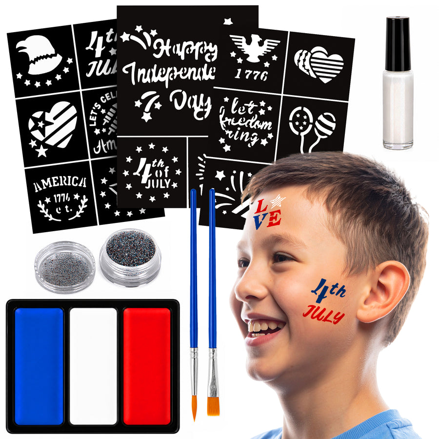 USA Face Paint Kit for Kids - Face Painting Set with 36 Stencils, Red White & Blue Paint, Brushes & Glitters