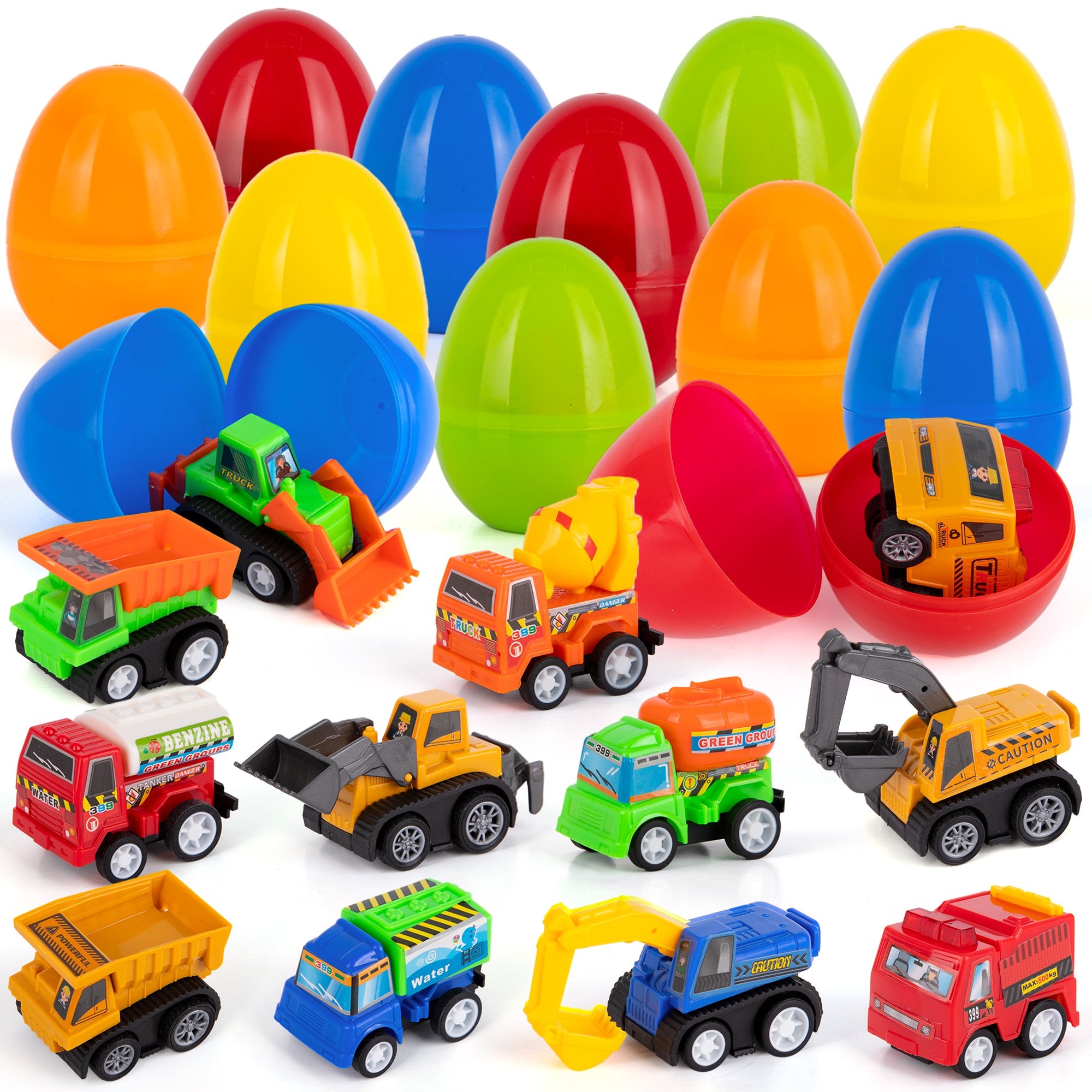 Pre Filled Easter Eggs with Vehicles Inside - Set of 12 - Colorful Surprise Eggs for Kids with Pullback Construction Truck Toys - Easter Egg Hunt Supplies