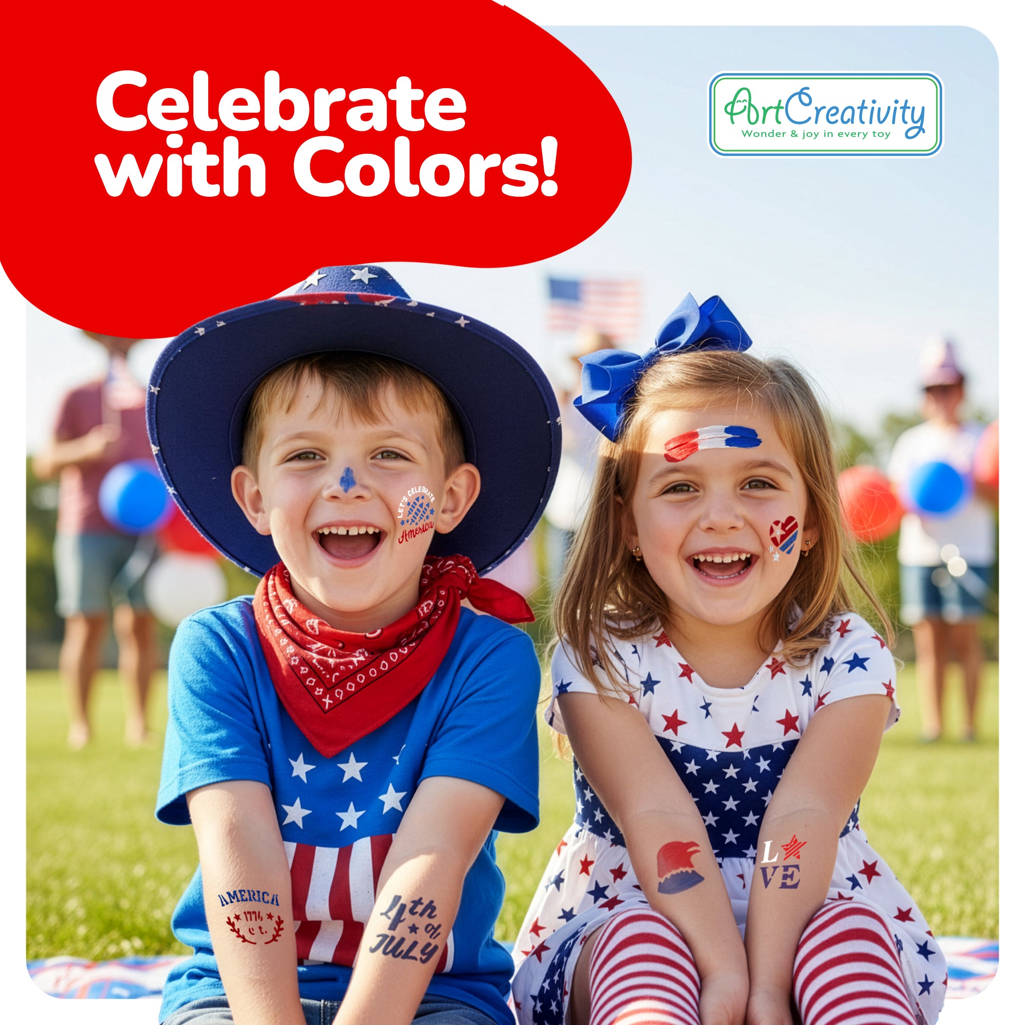 USA Face Paint Kit for Kids - Face Painting Set with 36 Stencils, Red White & Blue Paint, Brushes & Glitters