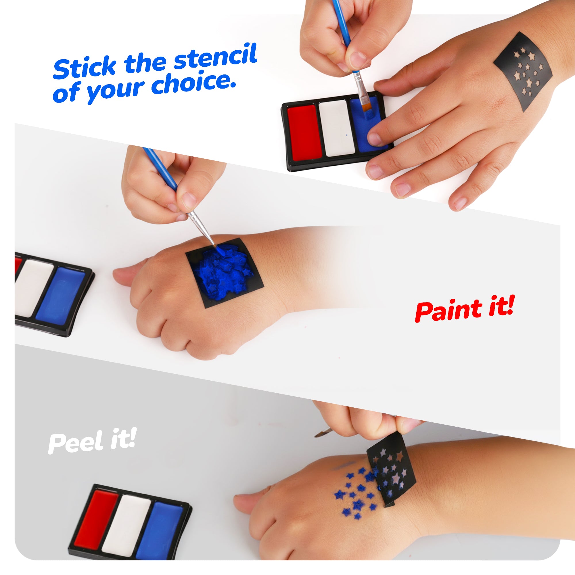 USA Face Paint Kit for Kids - Face Painting Set with 36 Stencils, Red White & Blue Paint, Brushes & Glitters