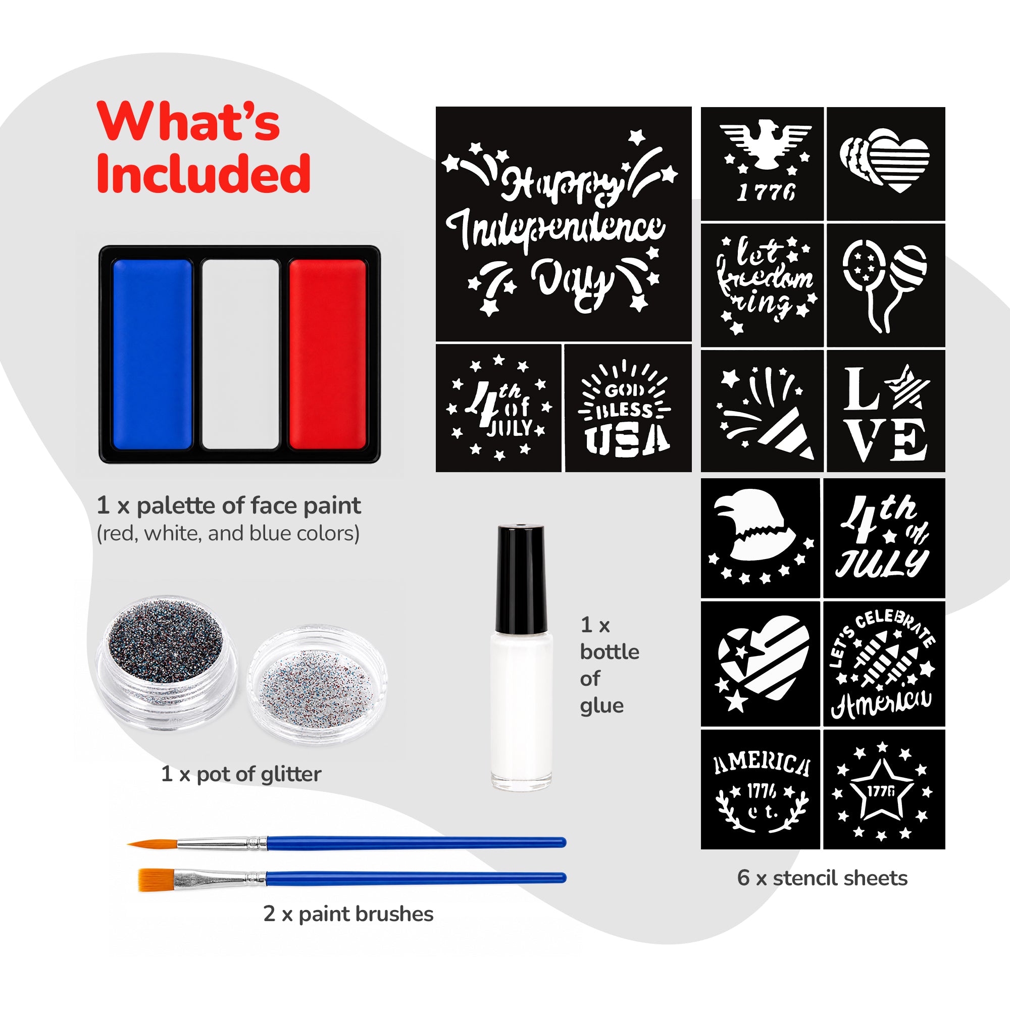 USA Face Paint Kit for Kids - Face Painting Set with 36 Stencils, Red White & Blue Paint, Brushes & Glitters