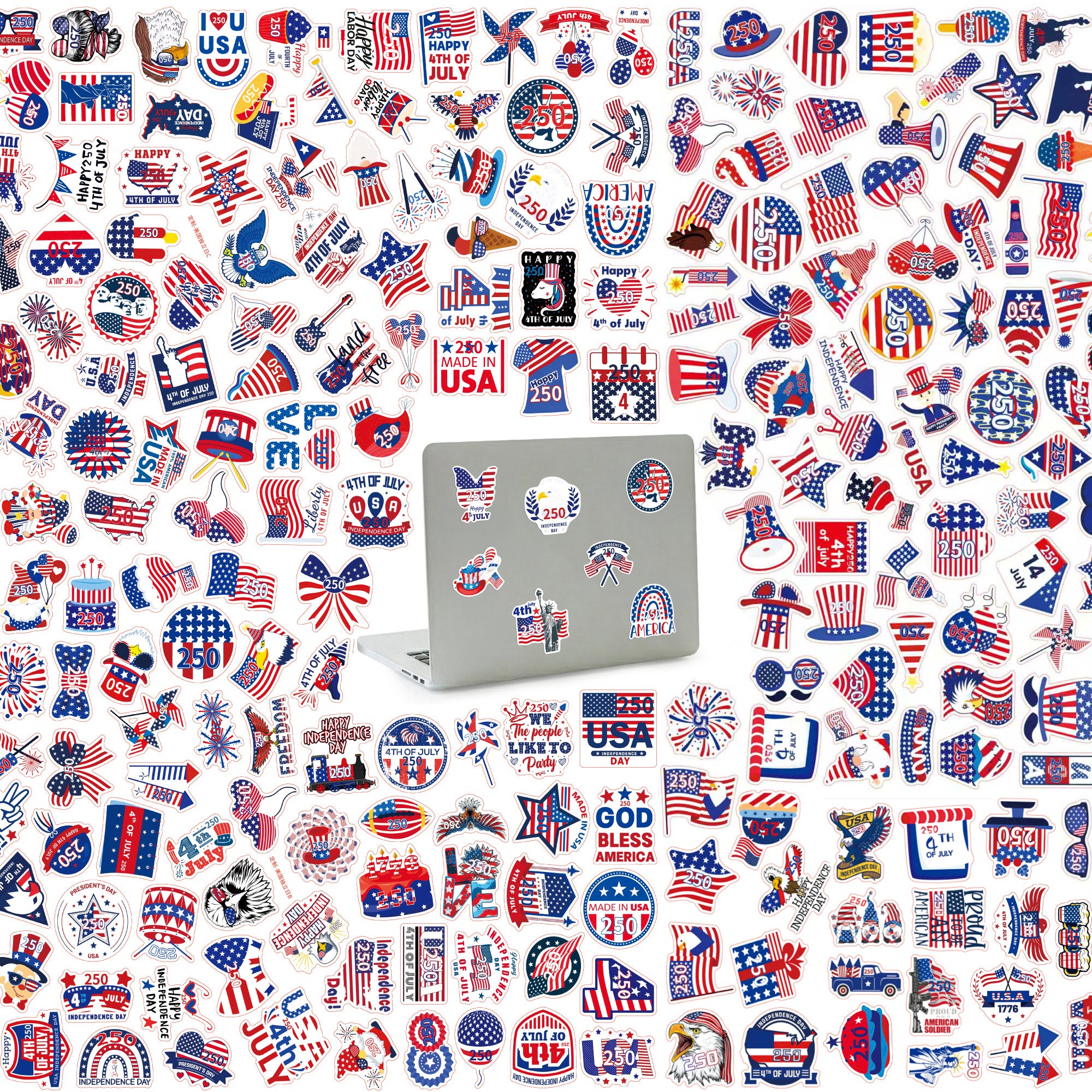 Patriotic Stickers for Kids - 250 Pack - Waterproof USA Theme Vinyl Stickers