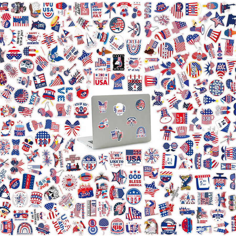 Patriotic Stickers for Kids - 250 Pack - Waterproof USA Theme Vinyl Stickers