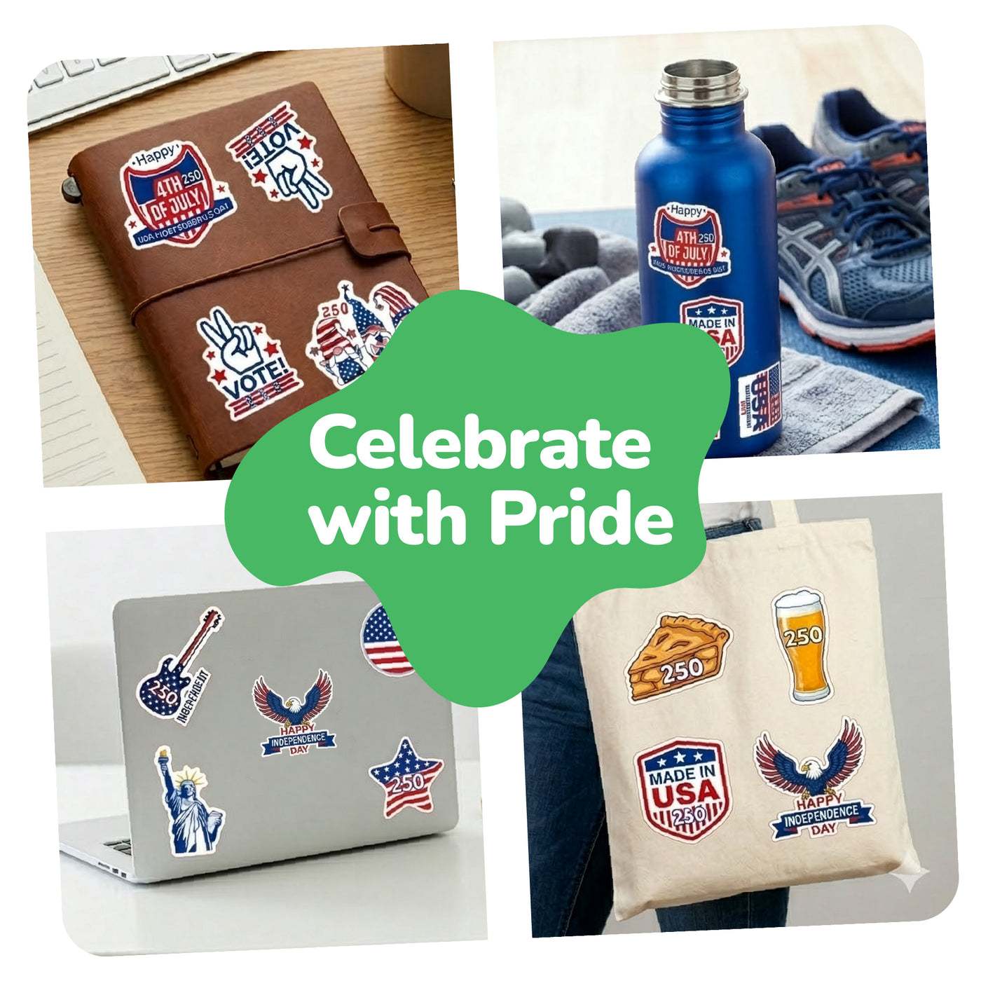 Patriotic Stickers for Kids - 250 Pack - Waterproof USA Theme Vinyl Stickers