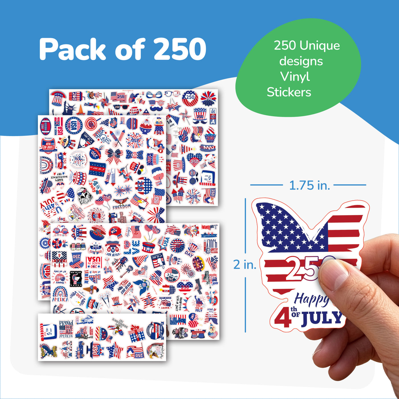Patriotic Stickers for Kids - 250 Pack - Waterproof USA Theme Vinyl Stickers