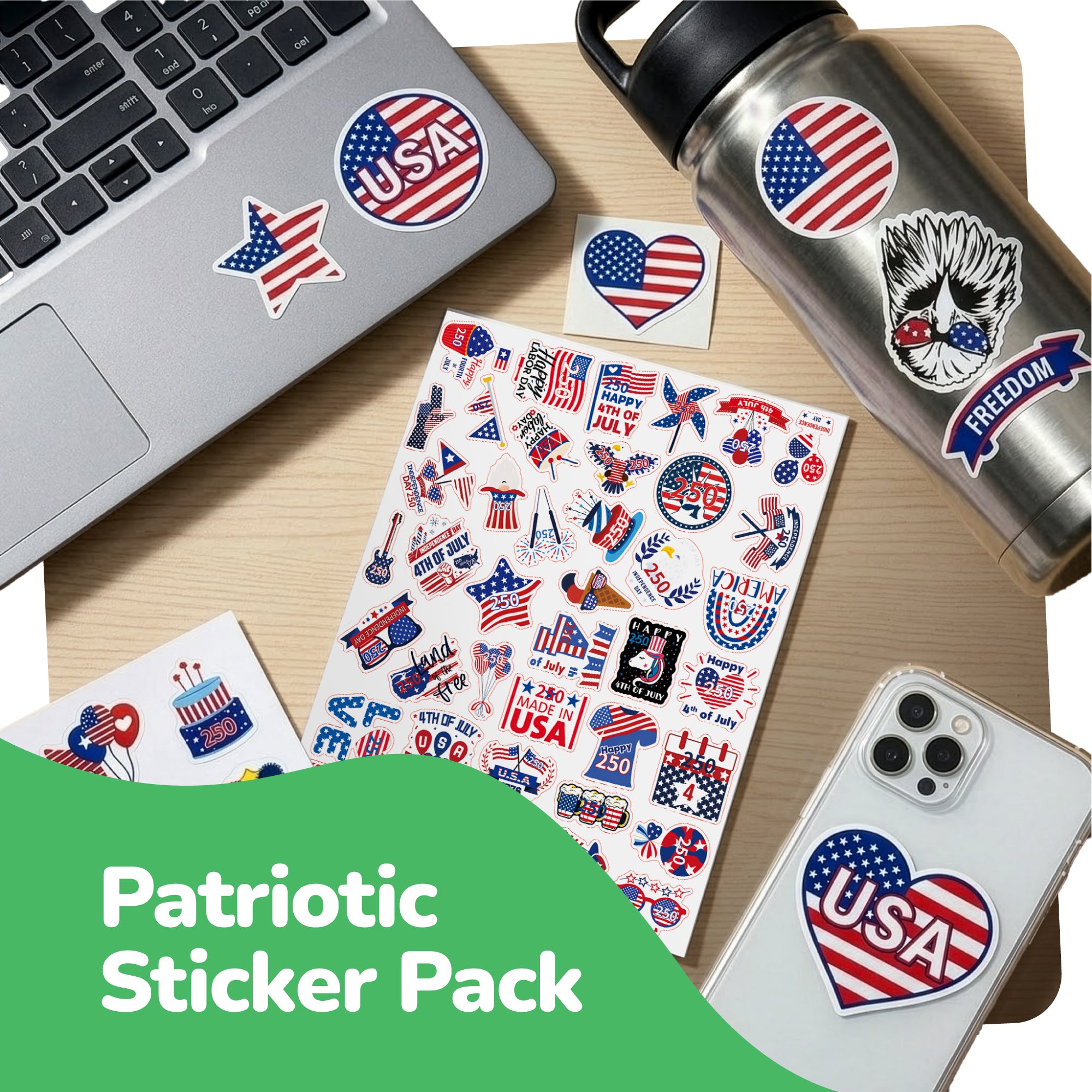 Patriotic Stickers for Kids - 250 Pack - Waterproof USA Theme Vinyl Stickers