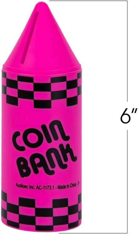 Crayon Coin Bank for Kids, Set of 12, Fun Money Saving Piggy Banks for Loose Change, 4 Vibrant Colors, Crayon Birthday Party Favors, Best Goodie Bag Fillers for Boys and Girls, 6"