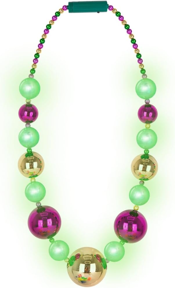 Large Light Up Mardi Gras Necklace - Mardi Gras Beads in Purple, Green, and Gold - 3 Flashing Modes with Batteries Included