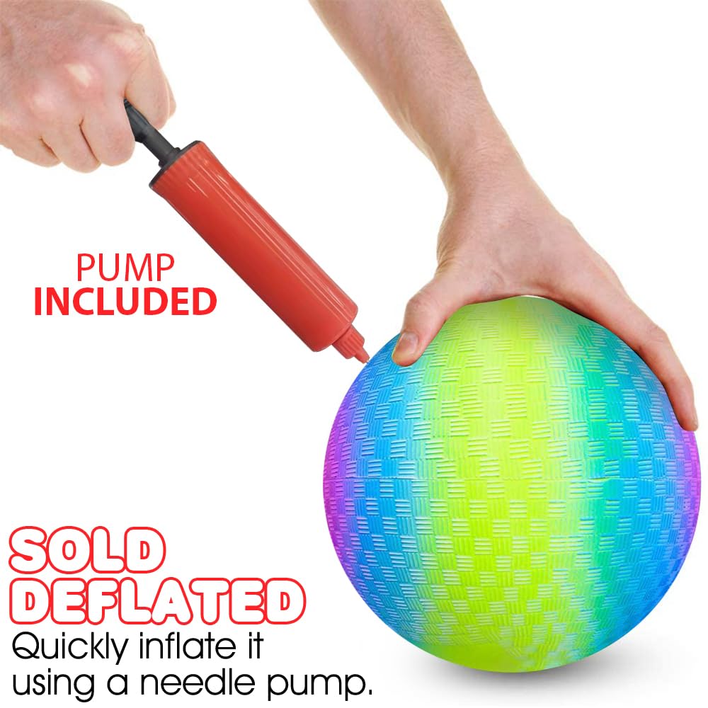 Rainbow Playground Ball for Kids with Hand Pump, Bouncy 9 Inch Kick Ball for Backyard, Park, and Beach Outdoor Fun