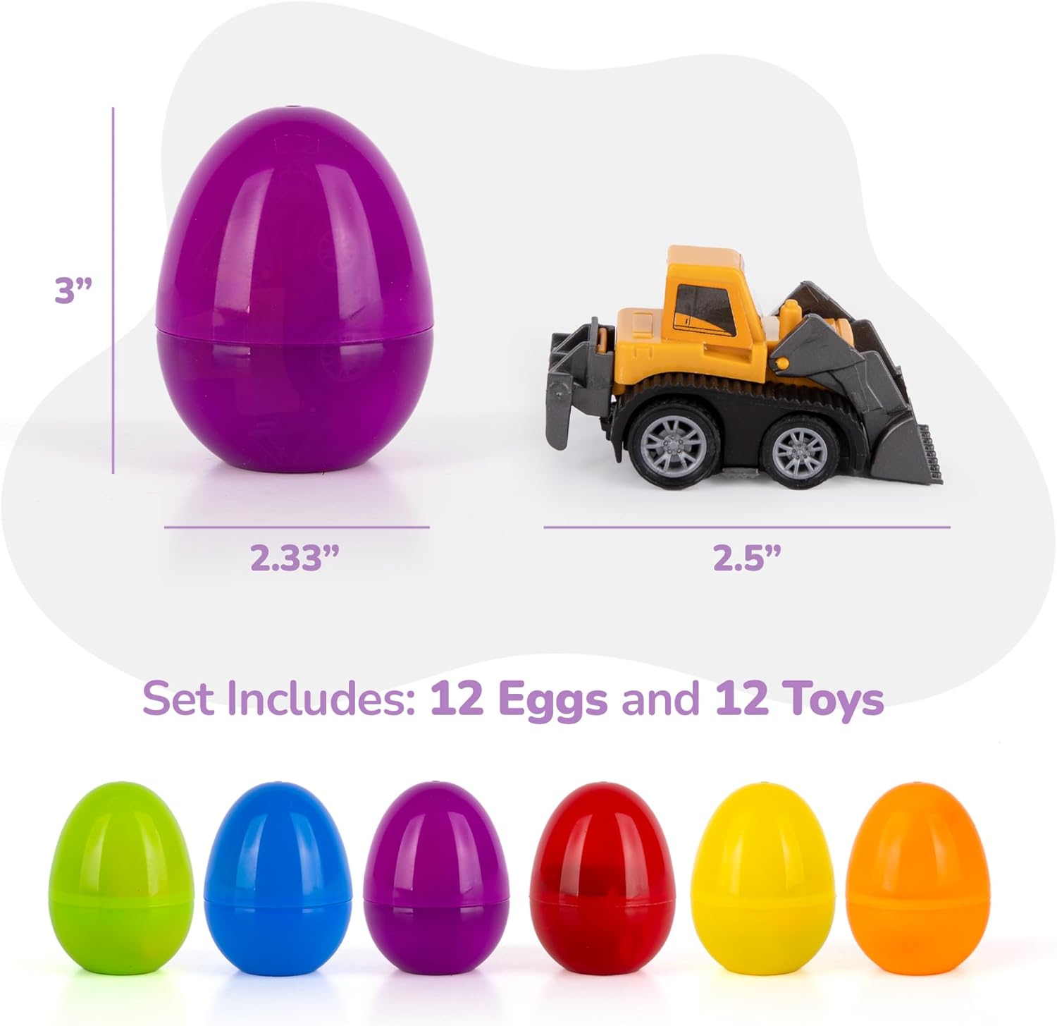 Pre Filled Easter Eggs with Vehicles Inside - Set of 12 - Colorful Surprise Eggs for Kids with Pullback Construction Truck Toys - Easter Egg Hunt Supplies