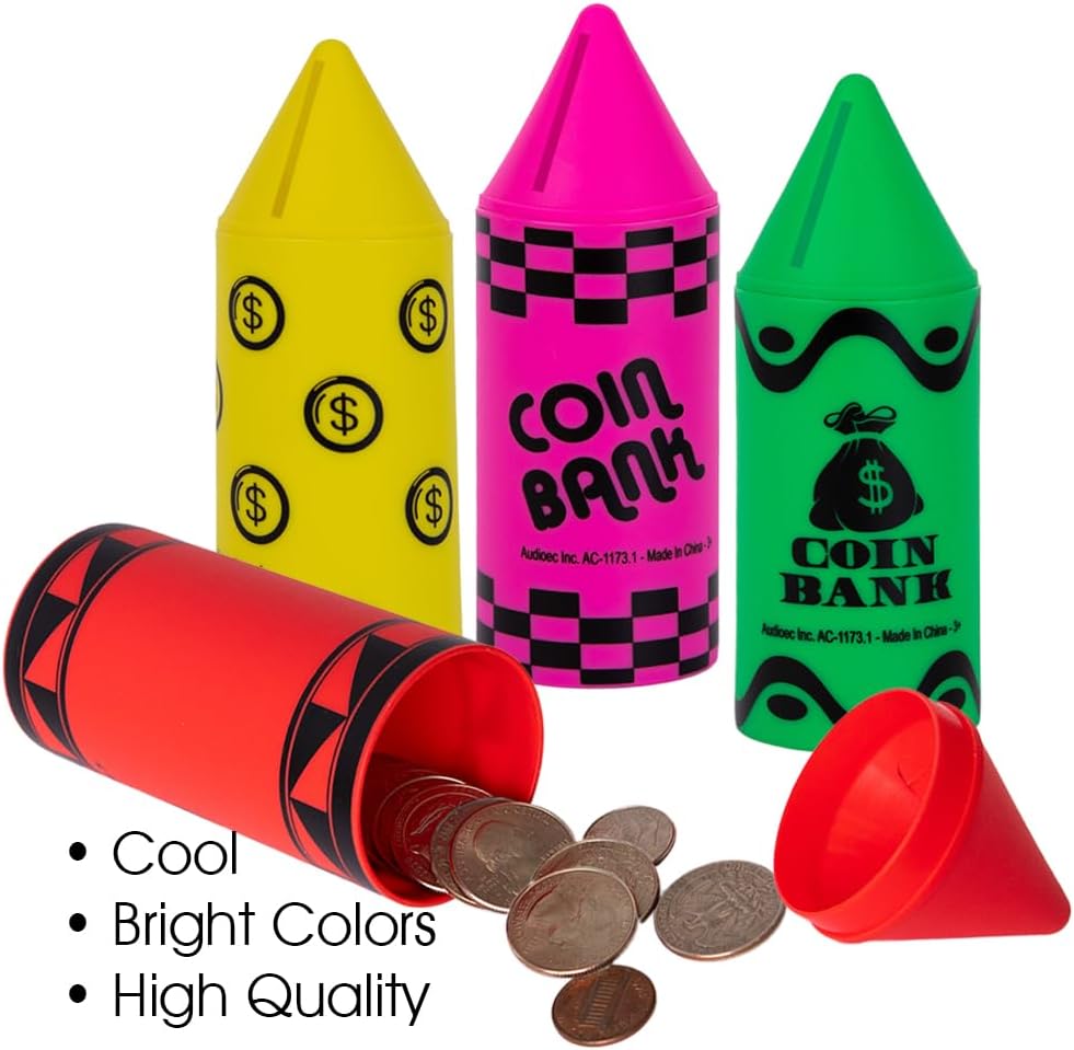 Crayon Coin Bank for Kids, Set of 12, Fun Money Saving Piggy Banks for Loose Change, 4 Vibrant Colors, Crayon Birthday Party Favors, Best Goodie Bag Fillers for Boys and Girls, 6"