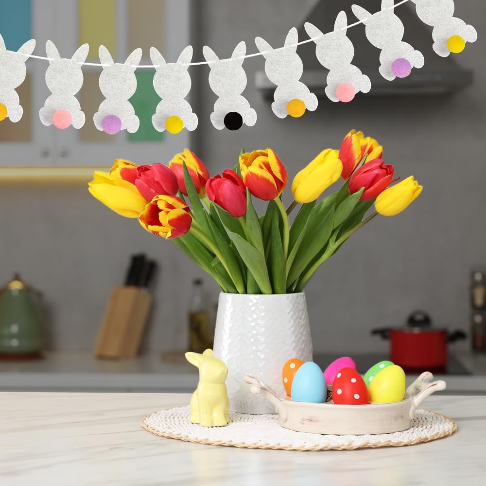 Easter Bunny Garland - Easter Decorations Set with 10 Felt Rabbits, 9 Feet of Ribbon, and Needle for Stringing - Easter Bunny Decorations for the Home