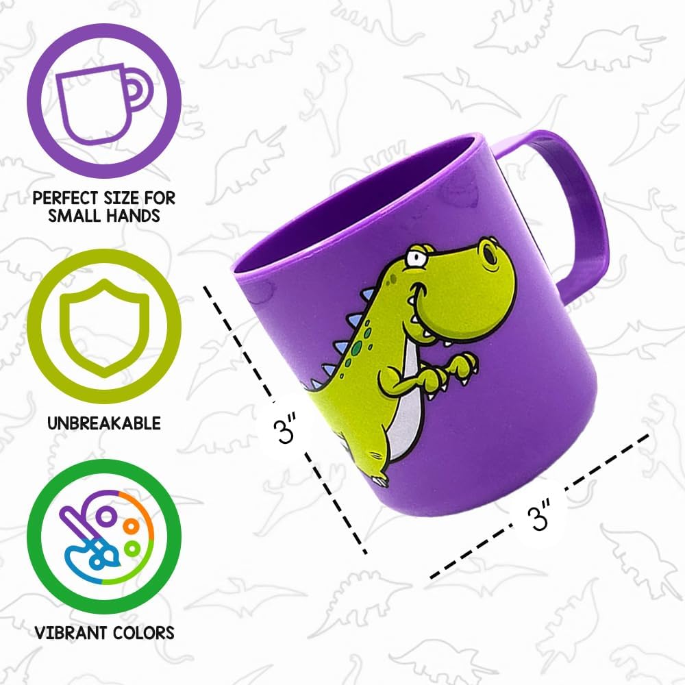 Dinosaur Mugs for Kids, Plastic Dino Cups, Set of 4 - Assorted Colors & Designs