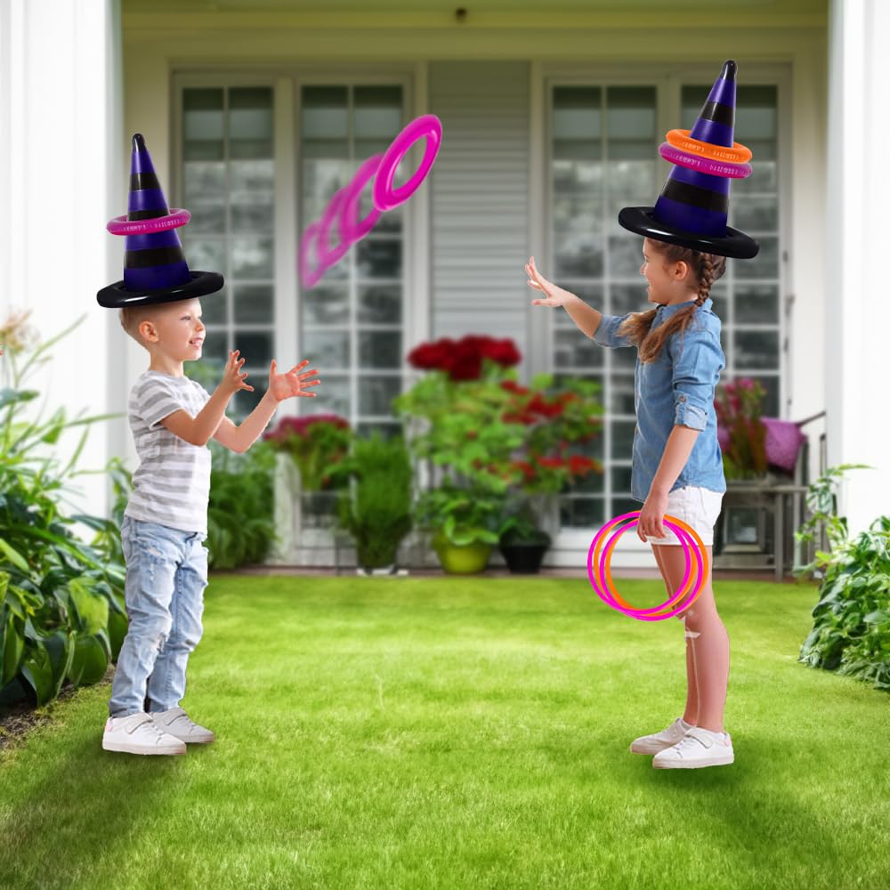 Halloween Ring Toss Game for Kids - 21 Piece Set - Inflatable Spider, 2 Witch Hat Inflates, 6 Plastic Rings, 12 Inflatable Rings, and Pump