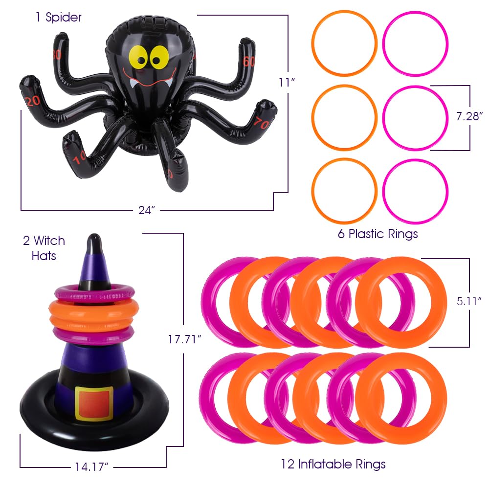 Halloween Ring Toss Game for Kids - 21 Piece Set - Inflatable Spider, 2 Witch Hat Inflates, 6 Plastic Rings, 12 Inflatable Rings, and Pump