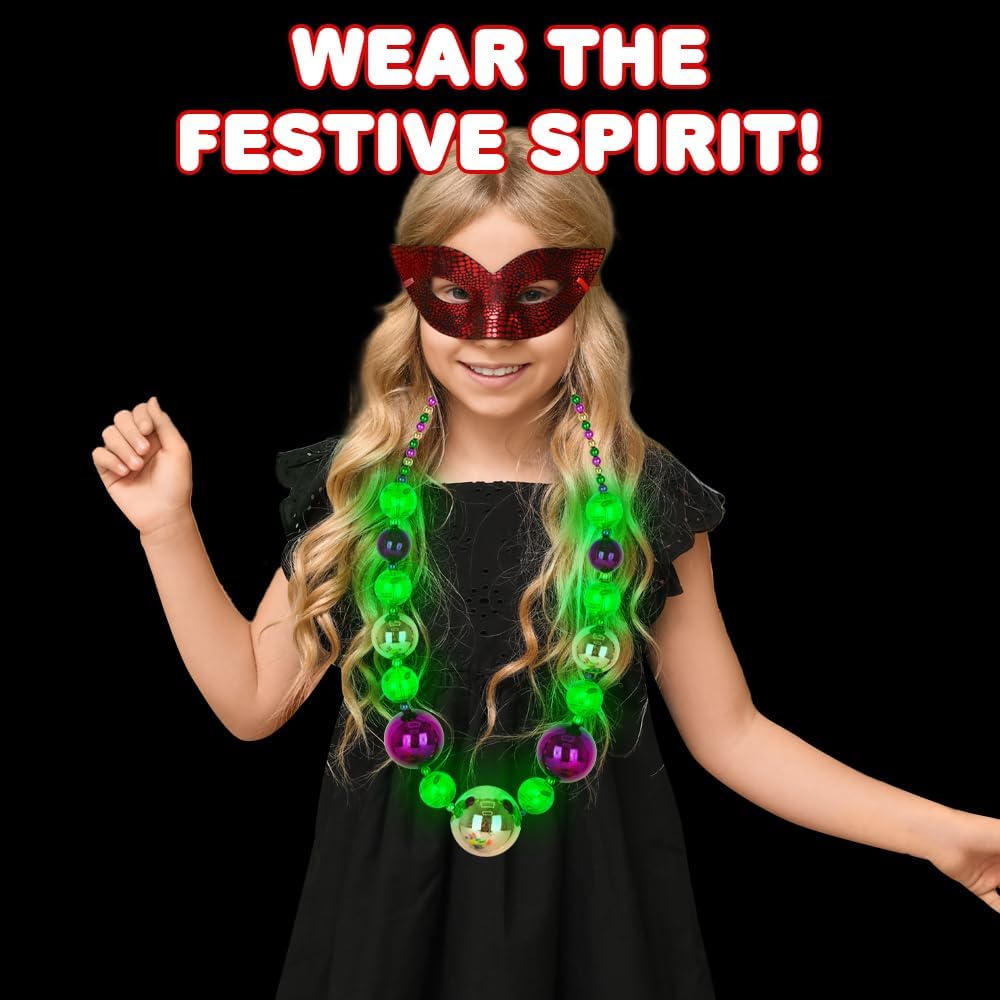Large Light Up Mardi Gras Necklace - Mardi Gras Beads in Purple, Green, and Gold - 3 Flashing Modes with Batteries Included