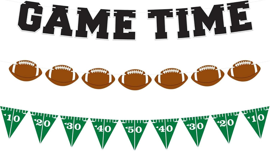 Game Time Football Banner Decoration - Set of 3 - Pre-Strung Football Theme Pennant Flags Banner for Superbowl Party Decorations