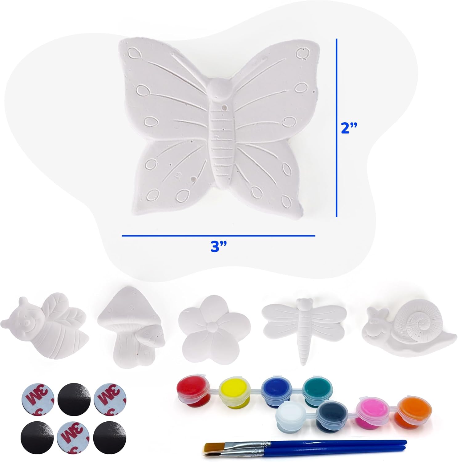 Insect Plaster Painting Kit for Kids - 6 Garden-Inspired Plaster Figurines, 2 Paint Sets, 2 Brushes, and 6 Circle Magnets for Display - 8 Different Paint Colors - Kids Painting Set