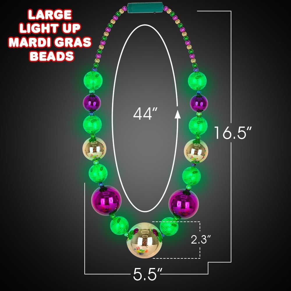 Large Light Up Mardi Gras Necklace - Mardi Gras Beads in Purple, Green, and Gold - 3 Flashing Modes with Batteries Included