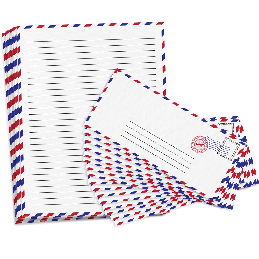 Vintage Stationery Paper and Envelopes Set - 50 Double Sided Airmail Sheets and 50 Envelopes - Pen Pal Stationery Letters and Envelopes with Air Mail Design - Vintage Letter Writing Kit