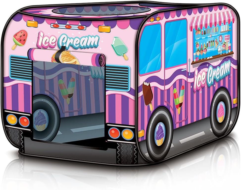 Ice Cream Truck Tent with Carry Bag, Pop Up Indoor - Outdoor Tent for Kids, Indoor Playhouse with 2 Openings, Flat-Folding Play Tent for Toddlers, Compact Storage 43.5 x 28 x 26.5"es