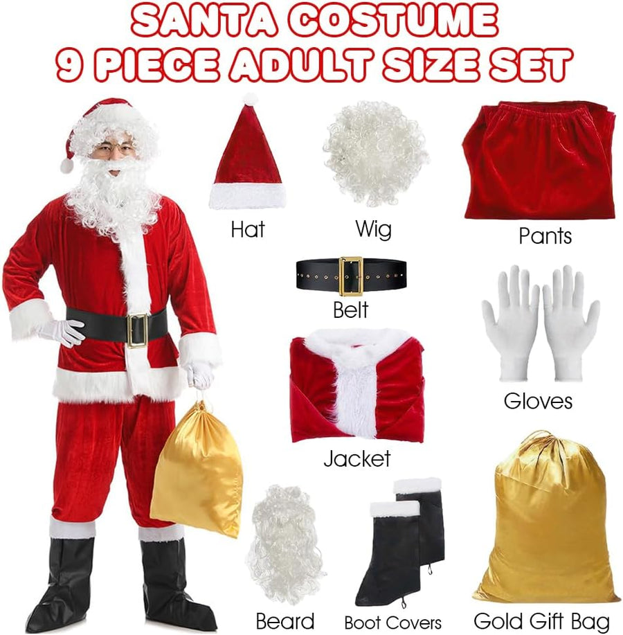 Santa Costume for Men - 9 PC Mens Santa Costume - Deluxe Santa Claus Suit for Men with Gold Gift Bag for Christmas, New Year, Parties, Birthdays - Quality Red Plush Adults Santa Suit