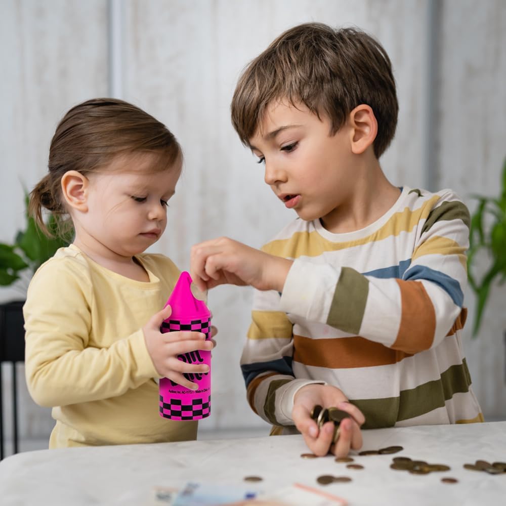 Crayon Coin Bank for Kids, Set of 12, Fun Money Saving Piggy Banks for Loose Change, 4 Vibrant Colors, Crayon Birthday Party Favors, Best Goodie Bag Fillers for Boys and Girls, 6"