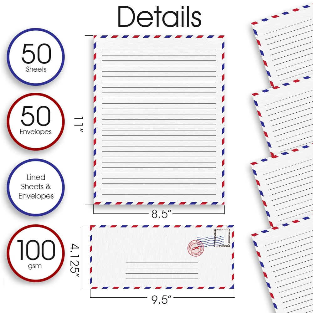 Vintage Stationery Paper and Envelopes Set - 50 Double Sided Airmail Sheets and 50 Envelopes - Pen Pal Stationery Letters and Envelopes with Air Mail Design - Vintage Letter Writing Kit