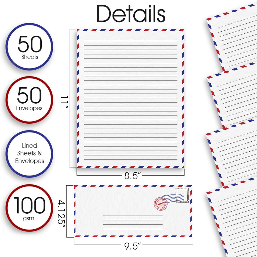 Vintage Stationery Paper and Envelopes Set - 50 Double Sided Airmail Sheets and 50 Envelopes - Pen Pal Stationery Letters and Envelopes with Air Mail Design - Vintage Letter Writing Kit
