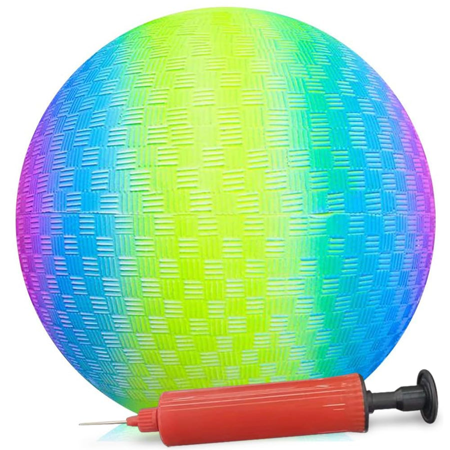 Rainbow Playground Ball for Kids with Hand Pump, Bouncy 9 Inch Kick Ball for Backyard, Park, and Beach Outdoor Fun