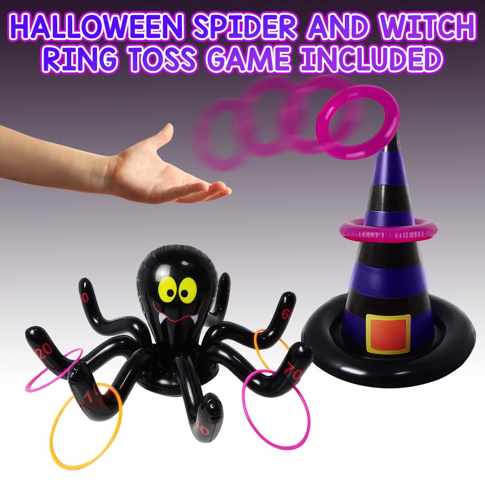 Halloween Ring Toss Game for Kids - 21 Piece Set - Inflatable Spider, 2 Witch Hat Inflates, 6 Plastic Rings, 12 Inflatable Rings, and Pump