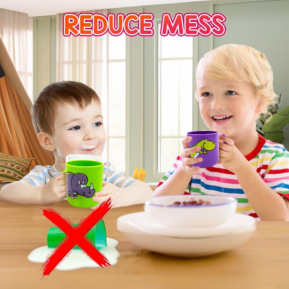 Dinosaur Mugs for Kids, Plastic Dino Cups, Set of 4 - Assorted Colors & Designs