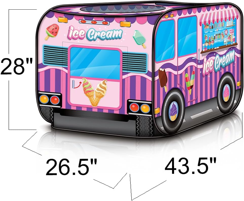 Ice Cream Truck Tent with Carry Bag, Pop Up Indoor - Outdoor Tent for Kids, Indoor Playhouse with 2 Openings, Flat-Folding Play Tent for Toddlers, Compact Storage 43.5 x 28 x 26.5"es
