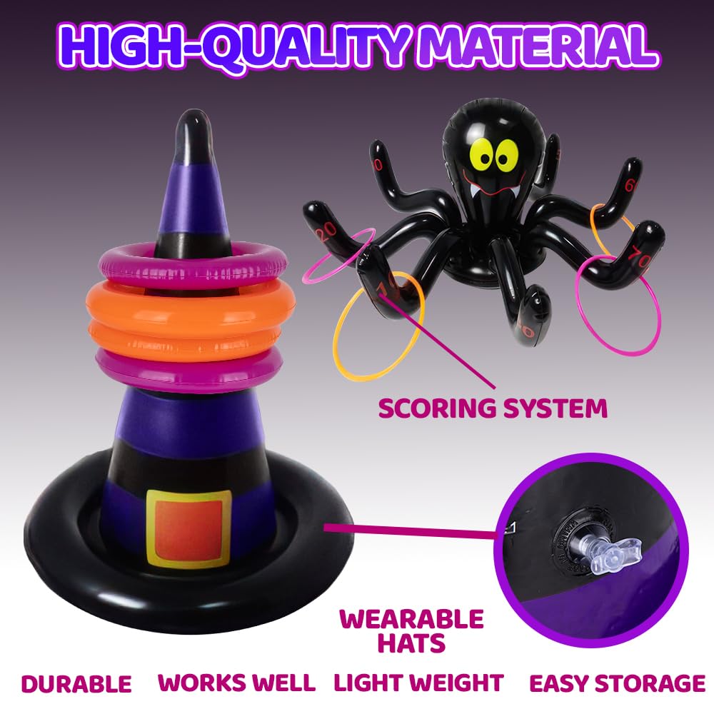 Halloween Ring Toss Game for Kids - 21 Piece Set - Inflatable Spider, 2 Witch Hat Inflates, 6 Plastic Rings, 12 Inflatable Rings, and Pump