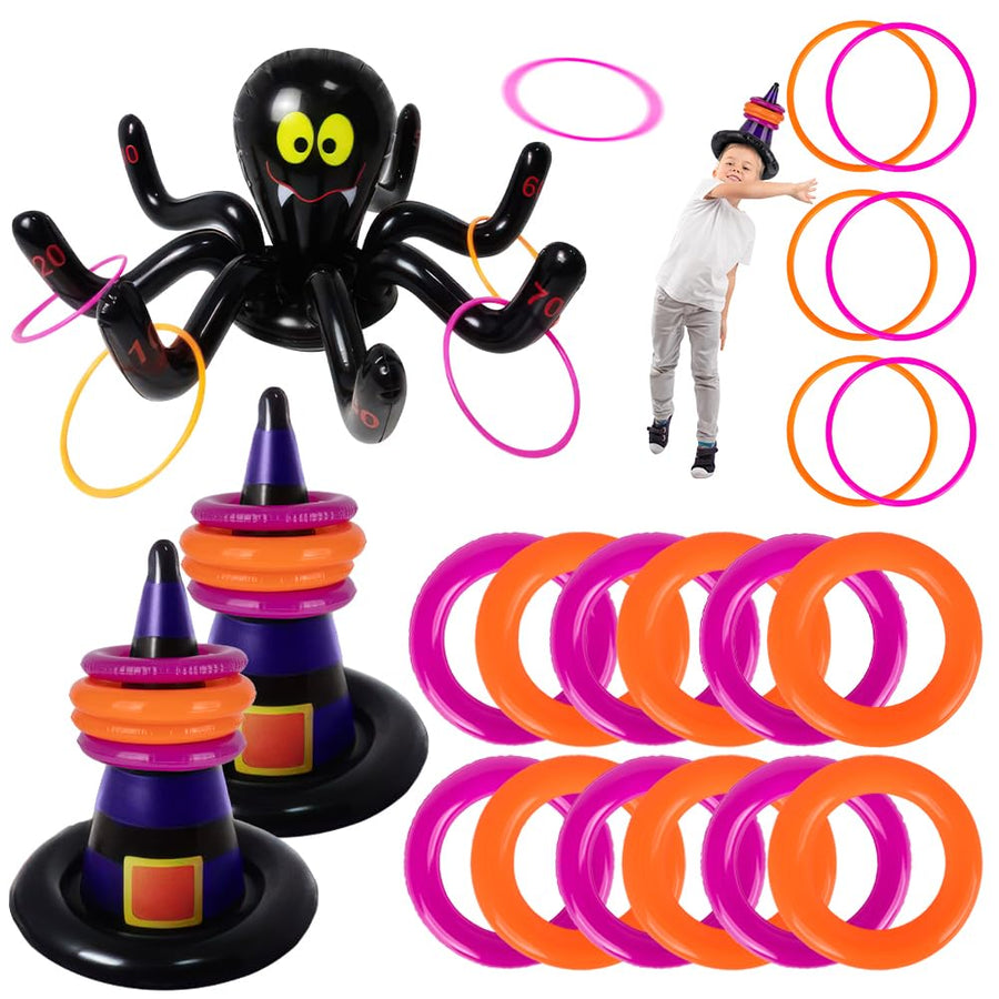 Halloween Ring Toss Game for Kids - 21 Piece Set - Inflatable Spider, 2 Witch Hat Inflates, 6 Plastic Rings, 12 Inflatable Rings, and Pump