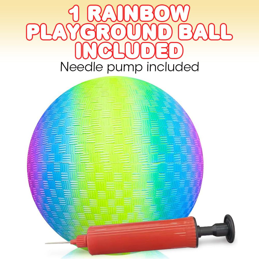 Rainbow Playground Ball for Kids with Hand Pump, Bouncy 9 Inch Kick Ball for Backyard, Park, and Beach Outdoor Fun